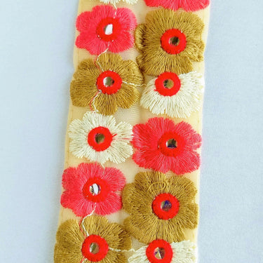 Beige Net Lace Trim In Brown, Pink, Off White And Red Floral Embroidery And Mirror Embellishments